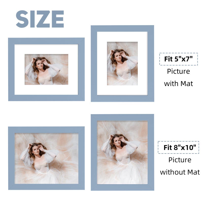 Muzilife 8x10 Wood Picture Frame with Real Glass Cover, Blue Photo Frame Display Pictures 5x7 with Mat or 8x10 Without Mat, Vertical & Horizontal on Wall or Tabletop, 2pcs - Image 4